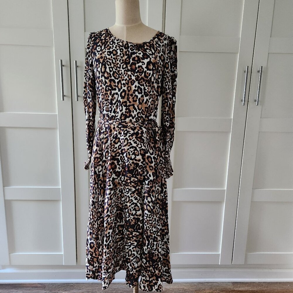 Talbots Leopard Print Midi Dress Long Sleeve Smocked Cuff Tie Belt size 8